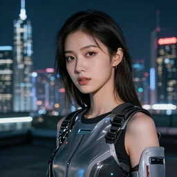 photographic portrait of a techwear woman, closeup, on the rooftop of a futuristic city at night, sigma 85mm f/1.4, 4k, depth of field, high resolution, 4k, 8k, hd, full color