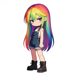 a cute anime grungy alternative woman with rainbow hair, drunk, angry, soft eyes and narrow chin, dainty figure, long hair straight down, torn overalls, short shorts, combat boots, basic white background, side boob, symmetrical, single person, style of by Jordan Grimmer and greg rutkowski, crisp lines and color,
