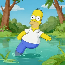 a Homer Simpson floating over a florida swamp, anime, studio ghibli, —n 9 —I —s 100