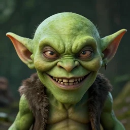 portrait of a goblin. Green skin, pointy nose and evil grin. Detailed face. Photo 8K.
