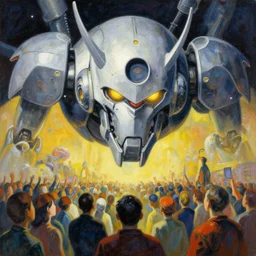 painting, hyper light drigter, a big mech droid head floating above the people, eden's world, style by moebius and kim jung gi