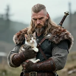 A very badass viking saddly holding a cute kitten