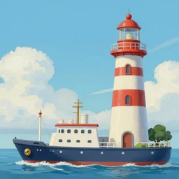 a painting of a lighthouse with a ship in front of it, a detailed matte painting, cartoon 2 d