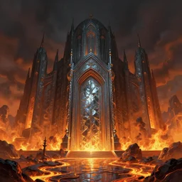 an obsidian monastic cathedral with a giant obsidian door, in the elemental plane of fire, with rivers of lava surrounding it, Dungeon and Dragon illustration, painted by Greg Rutkowski, 4k, trending on ArtStation