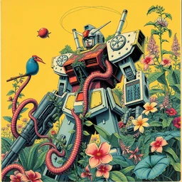 risograph grainy drawing vintage sci - fi, satoshi kon color palette, gigantic gundam full - body covered with iridescent worms and plants 1 9 6 0, kodak, with lot tentacles and exotic flowers, natural colors, codex seraphinianus painting by moebius and satoshi kon and dirk dzimirsky