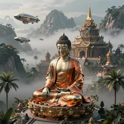 sci fi cinematic establishing shot of a single sitting cyborg buddha with an intricated metallic orange robe, high detail digital painting a buddhist temple on a misty mountain, high detailed valley with palm trees, high camera angle, mystic atmosphere, a detailed metallic temple on a misty mountain, shiny metallic airships with reflections, volumetric fog, perspective painting, atmospheric shot, octane renderer