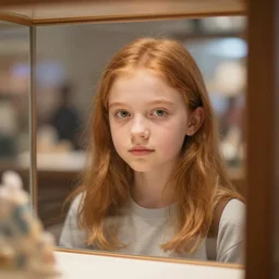 a cute 1 8 teen year old girl with ginger hair in a display case face looking at the camera but behind the glass