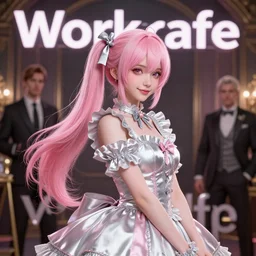 worksafe. insanely detailed. by wlop, ilya kuvshinov, krenz cushart, greg rutkowski, pixiv. zbrush sculpt, octane, maya, houdini, vfx. pink, silver, gorgeous young cg gentle cunning girlish feminine sissy boy with long hair, ponytail hairstyle, wearing hairbow, frills, silk dress, friendly smiling, in luxury advertisement. cinematic dramatic atmosphere, sharp focus, volumetric lighting