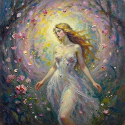 Flower storm portrait of forest nymph, vortex of petals and radiant light, in the style of Jenny Saville, highly detailed palette knife oil painting, thick impasto