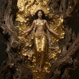 portrait photo of a goddess floating in the middle of a ancient wood, gold fluid in the background, ultra super good realistic photo by Pete Morbacher and Emil Melmoth, insanely detailed, sharp focus