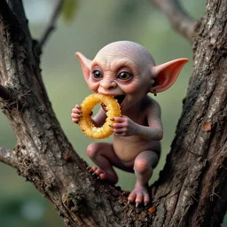 goblin, a goblin eating onion rings in a tree, goblin, 3 5 mm photograph goblin