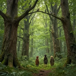 tree people, daily deviation, classic fantasy art epilogue, magical forest, treefolk, ents, birds on branches, green spring