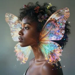 double exposure photograph of a black woman and dreamy flowers in volumetric lighting, light leaks, intricate, highly detailed flower wings