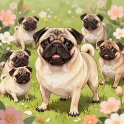 pug surrounded by flowers, extremely detailed, sharp focus, wide view, full body shot, smooth, digital illustration, by rossdraws, frank franzzeta, mcbess, sakimichan, james jean