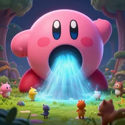 a terrifying round pink blob monster, realistic kirby, creating a powerful vacuum with its mouth to capture hapless innocent animals, giant monster horror game, 3 d octane render, unreal engine
