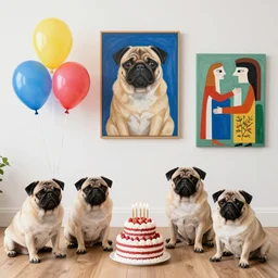 pugs party with balloons and cakes, painted by botero and miguel covarrubias