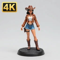 80mm resin detailed miniature of a cow girl, Short brown leather jacket, denim hot-pants, ten-gallon hat, on textured base; Product Introduction Photos, 4K, Full body