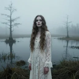 cinestill 5 0 d wide portrait of a dreamy dystopian beautiful woman by annie liebovitz stand in highlands, foggy flooded swamp, floating riverbank shore land, long hair, wearing long lace, elegant, highly detailed, pale scary matt, soft blur, artstation, sharp focus, head in focus