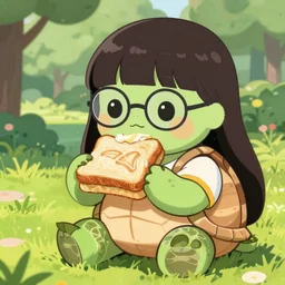close portrait of extremely stunningly cute turtle eating a sandwich in a park, she has a turtle face and turtle body and turtle proportions and turtle skin and beautiful long hair, wearing summer clothes and glasses, webtoon art by anton fadeev and ghibli and wlop