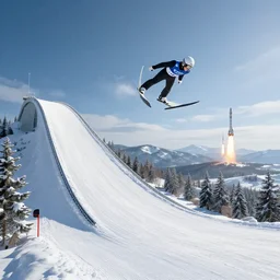 oversized ski jumping hill, snow, b 2 flying over, rockets landing in distance, unreal engine