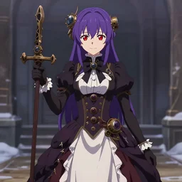 demi rose as a very beautiful anime woman, purple hair, red eyes, weapon, steampunk, symmetrical face, symmetrical eyes, full round face, short smile, wearing full clothing in full clothing victorian dress, winter setting, cinematic lighting, medium shot, mid - shot, makoto shinkai, artgerm, ilya kuvshinov, loish, rossdraws