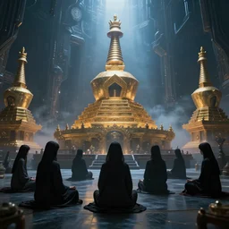 ' witches meditating near buddhist stupa, high - tech space cult, dramatic lighting, epic, octane render, volumetric light, unreal engine, artbreeder, 8 k, background, scene, digital, artwork, high quality, 8 k''
