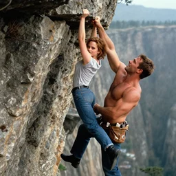cinematic still from 9 0 s action movie of emma watson hanging from a cliff being held by large muscle man