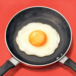 delicious egg on a frying pan, kseniia yeromenko, rob duenas, watercolor, illustration, red background, highly detailed