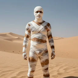 a full body painting of a druid in a sand desert being covered in white - brown bandages over his face and body, greg rutkowski