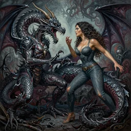 intricate painting of salma hayek fighting a dragon by dariusz zawadski and alan lee, contemporary, creepy, acrylic