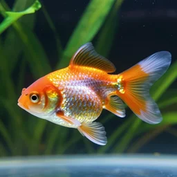 dragon goldfish with shimmering scales and decorative fins swimming in an aquarium, photography