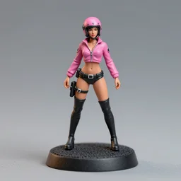 80mm resin detailed miniature of a biker woman, short pink jacket, helmet,  over-knee boots, navel, thigh skin, on textured base; Miniature product Photos, 4K, Full body;