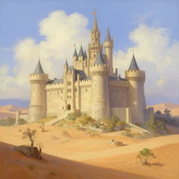 a big castle in the middle of a desert by thomas kinkade