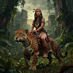 a portrait of a very beautiful cute tribal woman riding a mutated jaguar in a post apocalyptic city overgrown with lush vegetation, by Luis Royo, by Greg Rutkowski, dark, gritty, intricate, backlit, strong rimlight, cover illustration, concept art, volumetric lighting, volumetric atmosphere, sharp focus, octane render, trending on artstation, 8k