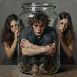 a terrified man sitting trapped inside a jar. detailed face. beautiful detailed dramatic painting by artgerm and magali villanueve and michael whelan