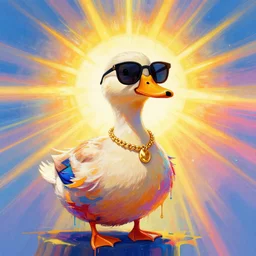 a duck, animal, bird, in vast cyberspace glitching through the sunshine, sunburst background, wearing sunglasses, gold necklace, vibrant colors, glitchy, rule of thirds, spotlight, drips of paint, expressive, passionate, by francoise nielly, by van gogh, digital painting