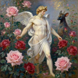 the greek god hermes marched forward among the roses, monet, musha, oil painting style, large beautiful pale pink roses and deep red roses
