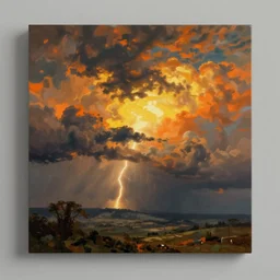 a beautiful painting of epic skycape with thunder clouds and storm over a moody landscape by albert bierstadt and joseph zbukvic, moody color scheme, high detail, trending on artstation, orange : - 1, yellow : - 1