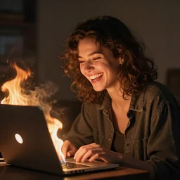 person laughing burning a laptop, stock image