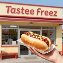 color photo of someone putting a chili - dog halfway inside their mouth, outside the tastee freez ice - cream shop.
