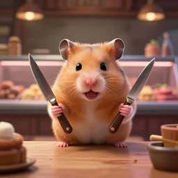 a hamster with an evil face, in a butcher shop, holding knives in his hands. standing in front of the table. computer game. realism. magic. the tavern. front view.