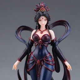figurine of a female goddess, highly detailed, dark red and blue and black color palette, intricate, high quality anime artstyle, in the style of sana takeda