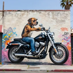 a graffiti art of a dog ryiding an harley davidson in streets of los angeles, hd, 8 k, hyper realistic, hyper detailed,