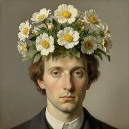 portrait of a man, beautiful flowers are growing as his head, by rene magritte, detailed painting, hd, hq, high resolution, high detail, 4 k, 8 k