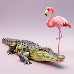 low poly render, crocodile flamingo