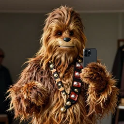chewbacca as a fashion model, instagram selfie, hidden product advertisement