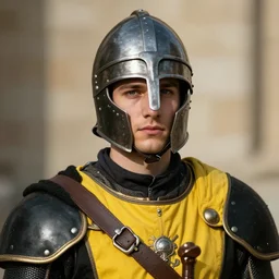 Medium closeup young idealistic and pious male Imperial soldier wearing a black and yellow tabard!!!!! over a gambeson and a steel open helm, by Raymond Swanland Greg Rutkowski Lise Deharm, {perfect face}, {perfect eyes}
