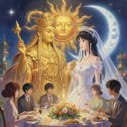 a dreamlike portrait of wedding close up moment of a divine a taiwan sun god and moon goddess lovers magician at a wedding banquet. highly detailed, digital painting, fantasy wedding screen, 8 k realistic, hyper detailed, by makoto shinkai and akihiko yoshida and hidari and wlop