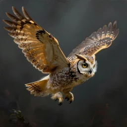 an extremely detailed masterpiece painting of a fammulated owl in flight, in the style of brian froud, brian despain, brian bolland, digital art, unreal engine, volumetric lighting, dark moody lighting, trending on artstation, photorealistic, epic scene
