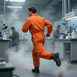 commission portrait of a man in an orange jumpsuit,running away from smoke in a laboratory.,character design by charles bowater,greg rutkowski,ross tran,hyperdetailed,hyperrealistic,4k,deviantart,artstation,professional photography,concept art